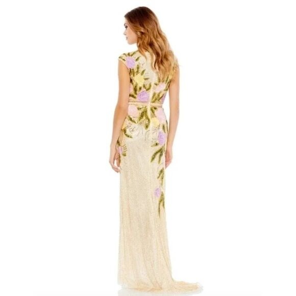 Mac Duggal Floral Beaded V-Neck High Slit Cap Sleeve Evening Gown Size 12 NWT - Picture 4 of 10